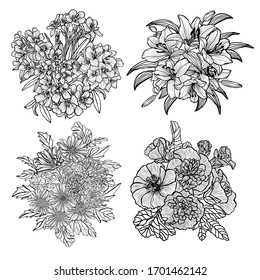 Decorative abstract hand drawn flowers, design elements. Can be used for cards, invitations, banners, posters, print design. Floral background in line art style
