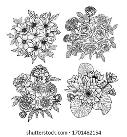 Decorative abstract hand drawn flowers, design elements. Can be used for cards, invitations, banners, posters, print design. Floral background in line art style