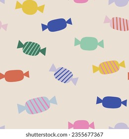 Decorative abstract Happy Birthday candy vector seamless pattern. Scandinavian childish party background. Baby surface design for textile fabric