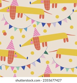 Decorative abstract Happy Birthday dachshund dog vector seamless pattern. Scandinavian childish party background. Baby surface design for textile fabric