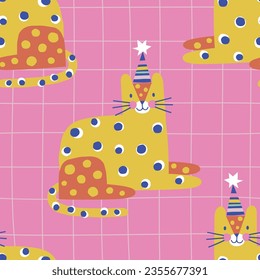 Decorative abstract Happy Birthday leopard vector seamless pattern. Scandinavian childish party background. Baby surface design for textile fabric