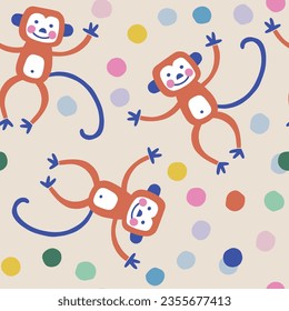 Decorative abstract Happy Birthday monkey vector seamless pattern. Scandinavian childish party background. Baby surface design for textile fabric