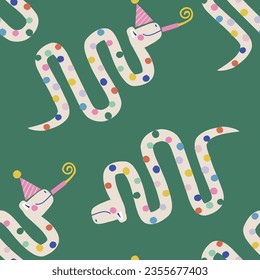 Decorative abstract Happy Birthday snake vector seamless pattern. Scandinavian childish party background. Baby surface design for textile fabric