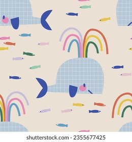 Decorative abstract Happy Birthday whale vector seamless pattern. Scandinavian childish party background. Baby surface design for textile fabric