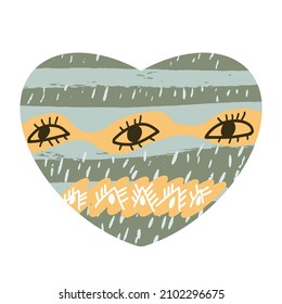 Decorative abstract heart in Scandinavian style, hugge, hygge with eyes, flowers, suitable for decorating designs for Valentine's Day, Christmas, birthday, wedding, declaration of love.
