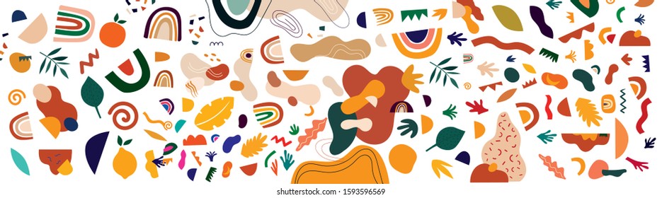 Decorative abstract horizontal banner with colorful doodles. Hand-drawn modern illustration