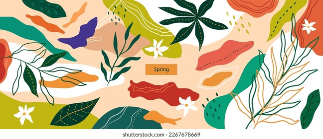 Decorative abstract horizontal banner with leaves and colorful doodles. Abstract background