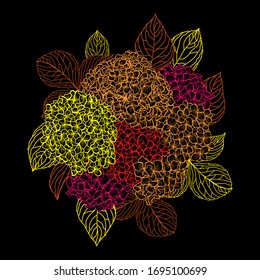 Flores de hidrangea abstractas y decorativas, elementos de diseño. Se puede utilizar para tarjetas, invitaciones, banners, carteles, diseño de impresión. Antecedentes florales en estilo de arte lineal