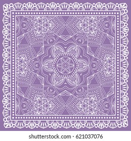 Decorative abstract lace background, floral doodle pattern with ornate frame. Tribal ethnic mandala ornament. Bandanna shawl, tablecloth fabric print, silk neck scarf or kerchief design