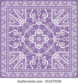 Decorative abstract lace background, geometric floral doodle pattern with ornate frame. Tribal ethnic ornament. Bandanna shawl fabric print, silk neck scarf or kerchief design
