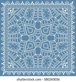 Decorative abstract lace background, hand drawn floral doodle pattern. Tribal ethnic ornament. Bandanna shawl fabric print, silk neck scarf or kerchief design