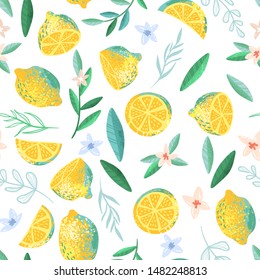 Decorative abstract lemon branches and flowers on a white background. Seamless pattern