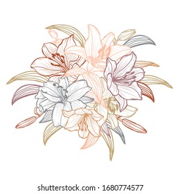 Decorative abstract lily  flowers, design elements. Can be used for cards, invitations, banners, posters, print design. Floral background in line art style