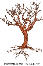 Decorative abstract line art leafless tree in red color.
