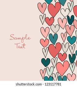 Decorative abstract love border. Cute cartoon banner with hand drawn hearts. Graphic design for cards, crafts, gifts