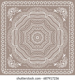 Decorative abstract Mandala background, geometric floral doodle pattern with ornate lace frame. Tribal ethnic ornament. Bandanna shawl, tablecloth fabric print, silk neck scarf, kerchief design