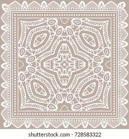 Decorative abstract mandala geometric background, floral doodle lace pattern with ornate frame. Tribal ethnic ornament. Bandanna shawl fabric print, silk neck scarf or kerchief design