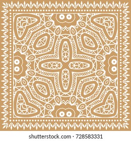 Decorative abstract mandala geometric background, floral doodle lace pattern with ornate frame. Tribal ethnic ornament. Bandanna shawl fabric print, silk neck scarf or kerchief design