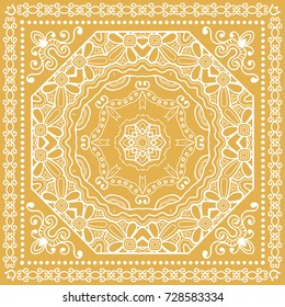 Decorative abstract mandala geometric background, floral doodle lace pattern with ornate frame. Tribal ethnic ornament. Bandanna shawl fabric print, silk neck scarf or kerchief design