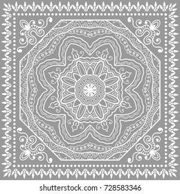 Decorative abstract mandala geometric background, floral doodle lace pattern with ornate frame. Tribal ethnic ornament. Bandanna shawl fabric print, silk neck scarf or kerchief design