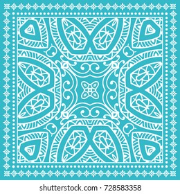 Decorative abstract mandala geometric background, floral doodle lace pattern with ornate frame. Tribal ethnic ornament. Bandanna shawl fabric print, silk neck scarf or kerchief design