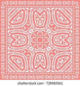 Decorative abstract mandala geometric background, floral doodle lace pattern with ornate frame. Tribal ethnic ornament. Bandanna shawl fabric print, silk neck scarf or kerchief design