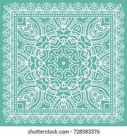 Decorative abstract mandala geometric background, floral doodle lace pattern with ornate frame. Tribal ethnic ornament. Bandanna shawl fabric print, silk neck scarf or kerchief design