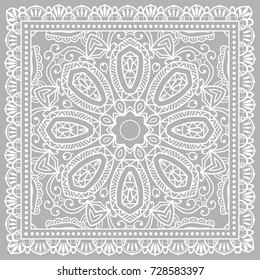 Decorative abstract mandala geometric background, floral doodle lace pattern with ornate frame. Tribal ethnic ornament. Bandanna shawl fabric print, silk neck scarf or kerchief design
