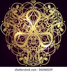 Decorative abstract mandala in gold over black.. Geometric circle element made in vector.Hand drawn background with copy space for your text. T-shirt print, wedding invitation,scrapbooking.
