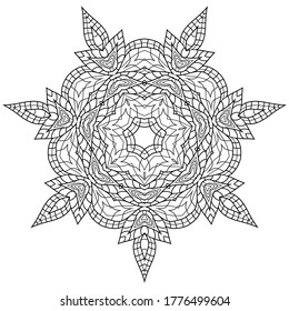 Decorative abstract mandala with striped pattern on white isolated background. For coloring book pages.