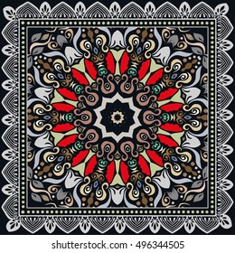 Decorative abstract multicolored background, mandala geometric pattern with ornate lace frame. Tribal ethnic colorful decor. Floral doodle mandala ornament. Bandanna shawl, neck scarf, kerchief design