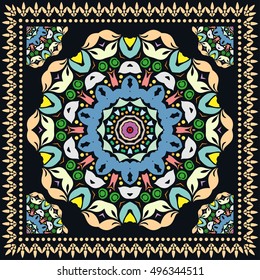 Decorative abstract multicolored background, mandala geometric pattern with ornate lace frame. Tribal ethnic colorful decor. Floral doodle mandala ornament. Bandanna shawl, neck scarf, kerchief design