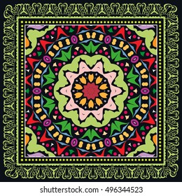 Decorative abstract multicolored background, mandala geometric pattern with ornate lace frame. Tribal ethnic colorful decor. Floral doodle mandala ornament. Bandanna shawl, neck scarf, kerchief design