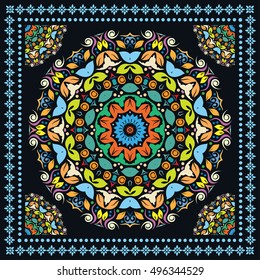 Decorative abstract multicolored background, mandala geometric pattern with ornate lace frame. Tribal ethnic colorful decor. Floral doodle mandala ornament. Bandanna shawl, neck scarf, kerchief design