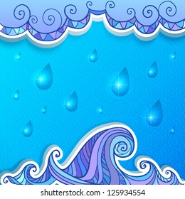 Decorative abstract ocean, clouds and rain vector background