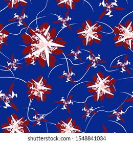 Decorative abstract pattern with flowers and white lines on blue background. Vector illustration. Seamless texture can be used for backgrounds, textile, gift wrapping. 