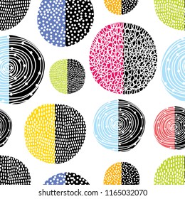 Decorative abstract polka dots in the style of the 60s.
 Cheerful polka dot vector seamless pattern. Can be used in textile industry, paper, background, scrapbooking.