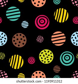 Decorative abstract polka dots in the style of the 60s.
 Cheerful polka dot vector seamless pattern. Can be used in textile industry, paper, background, scrapbooking.