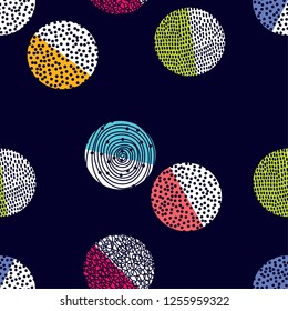 Decorative abstract polka dots in the style of the 60s.
 Cheerful polka dot vector seamless pattern. Can be used in textile industry, paper, background, scrapbooking.