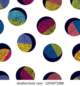 Decorative abstract polka dots in the style of the 60s. Cheerful polka dot vector seamless pattern. Can be used in textile industry, paper, background, scrapbooking.