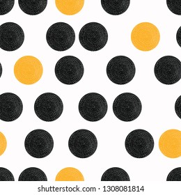 Decorative abstract polka dots in the style of the 60s.
 Cheerful polka dot vector seamless pattern. Can be used in textile industry, paper, background, scrapbooking.