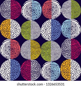 Decorative abstract polka dots in the style of the 60s.
 Cheerful polka dot vector seamless pattern. Can be used in textile industry, paper, background, scrapbooking.