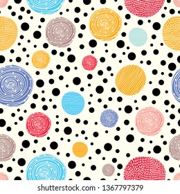 Decorative abstract polka dots in the style of the 60s.
 Cheerful polka dot vector seamless pattern. Can be used in textile industry, paper, background, scrapbooking.