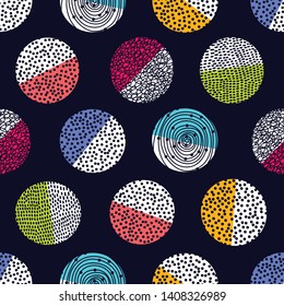 Decorative abstract polka dots in the style of the 60s.
 Cheerful polka dot vector seamless pattern. Can be used in textile industry, paper, background, scrapbooking.