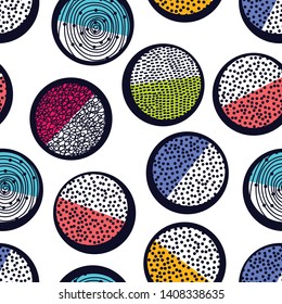Decorative abstract polka dots in the style of the 60s.
 Cheerful polka dot vector seamless pattern. Can be used in textile industry, paper, background, scrapbooking.