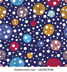 Decorative abstract polka dots in the style of the 60s.
 Cheerful polka dot vector seamless pattern. Can be used in textile industry, paper, background, scrapbooking.