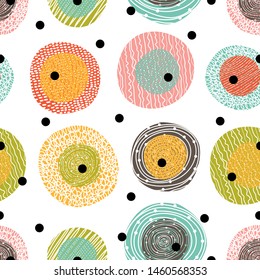 Decorative abstract polka dots in the style of the 60s.
 Cheerful polka dot vector seamless pattern. Can be used in textile industry, paper, background, scrapbooking.