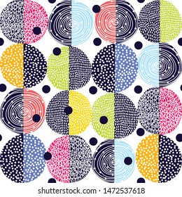 Decorative abstract polka dots in the style of the 60s.
 Cheerful polka dot vector seamless pattern. Can be used in textile industry, paper, background, scrapbooking.