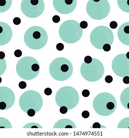 Decorative abstract polka dots in the style of the 60s.
 Cheerful polka dot vector seamless pattern. Can be used in textile industry, paper, background, scrapbooking.