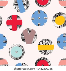 Decorative abstract polka dots in the style of the 60s.
 Cheerful polka dot vector seamless pattern. Can be used in textile industry, paper, background, scrapbooking.